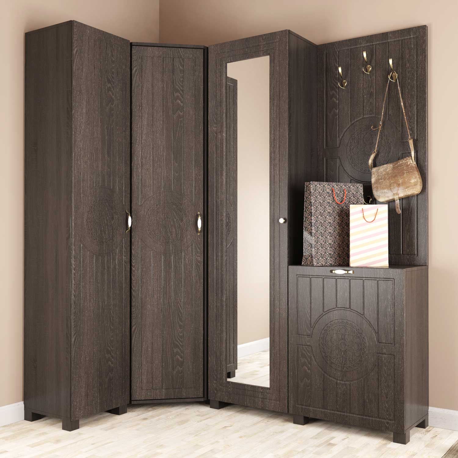 Купить шкаф в прихожую с зеркалом и обувницей в классическом стиле Bourbon – Дуб Табак по 6232 грн Шкаф в прихожую с зеркалом и обувницей в классическом стиле Bourbon – Дуб Табак