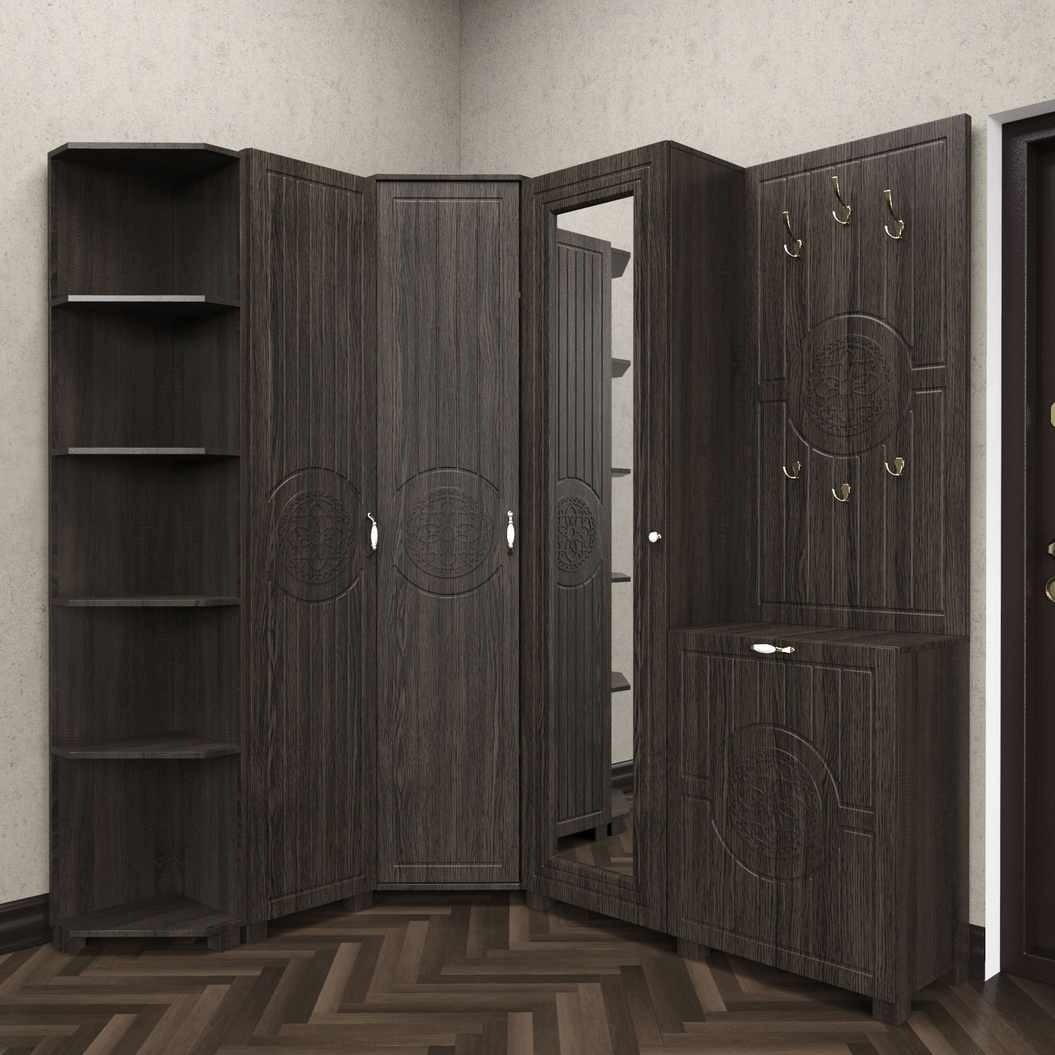 Купить шкаф в прихожую с зеркалом и обувницей в классическом стиле Bourbon – Дуб Табак по 6232 грн Шкаф в прихожую с зеркалом и обувницей в классическом стиле Bourbon – Дуб Табак