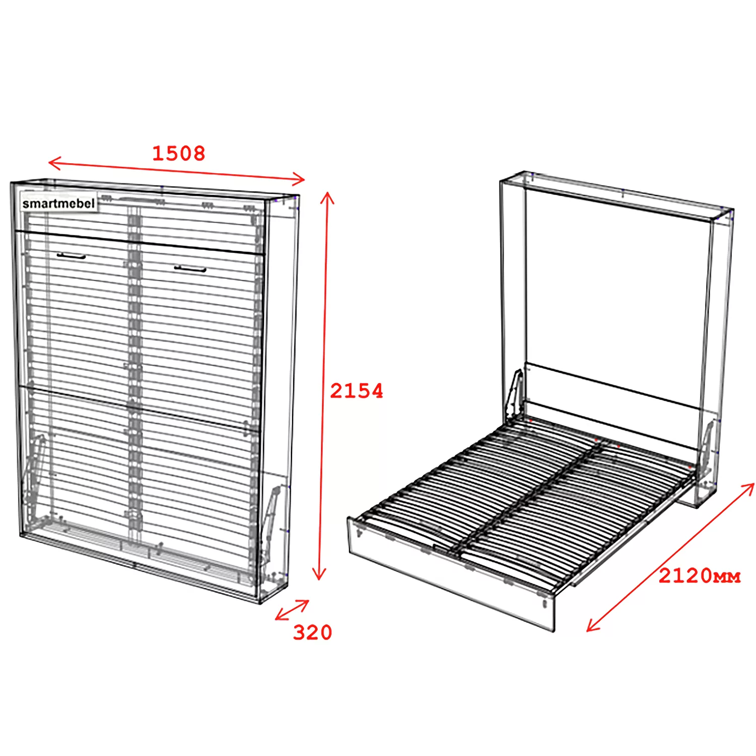 Двуспальная откидная кровать трансформер 160*200 "Mitra" – габариты Двуспальная откидная кровать трансформер 160*200 "Mitra" – габариты