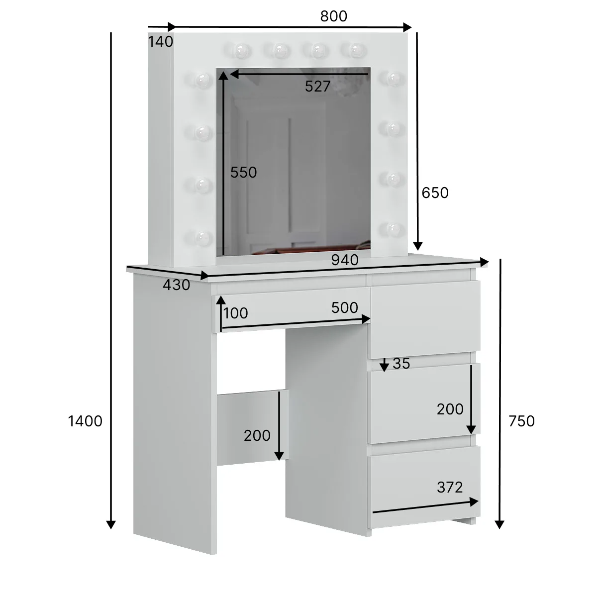 "Beauty" dressing table with mirror and lights, 94x140/75x43 cm – measurements