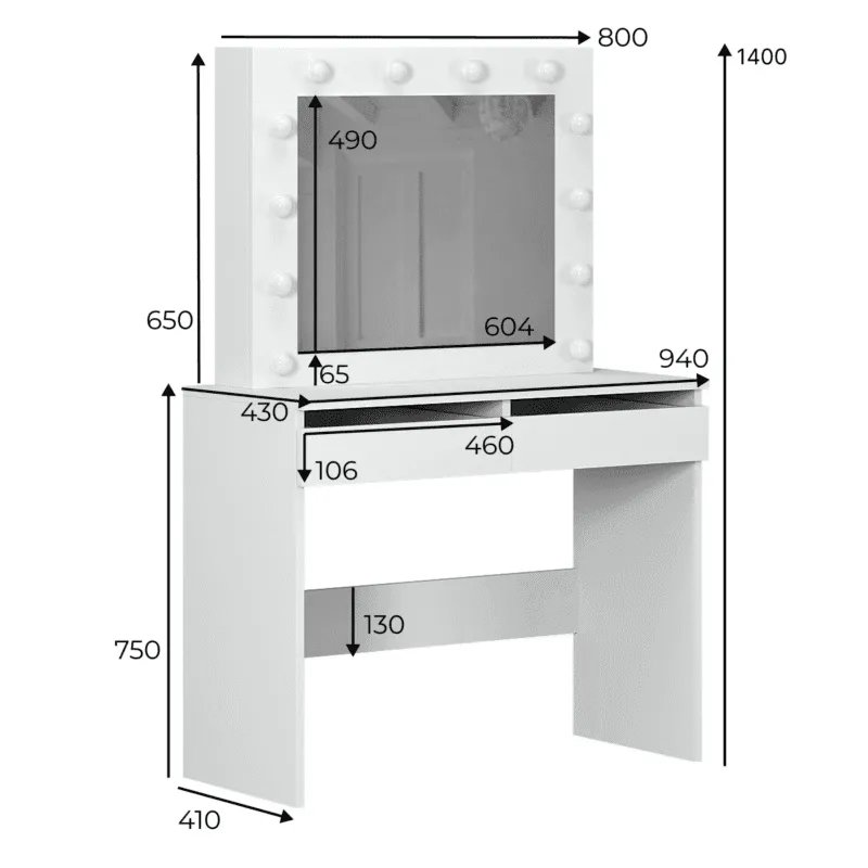 “Malta” vanity table with mirror and lights - measurements