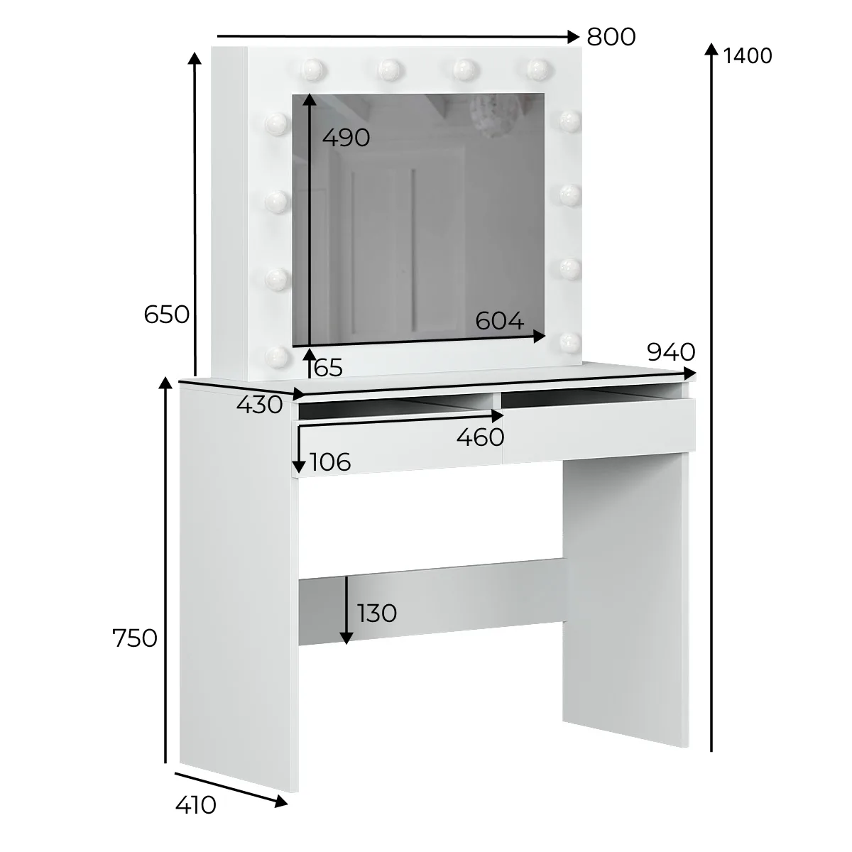 Косметичний столик з дзеркалом і підсвіткою “Malta” - габарити