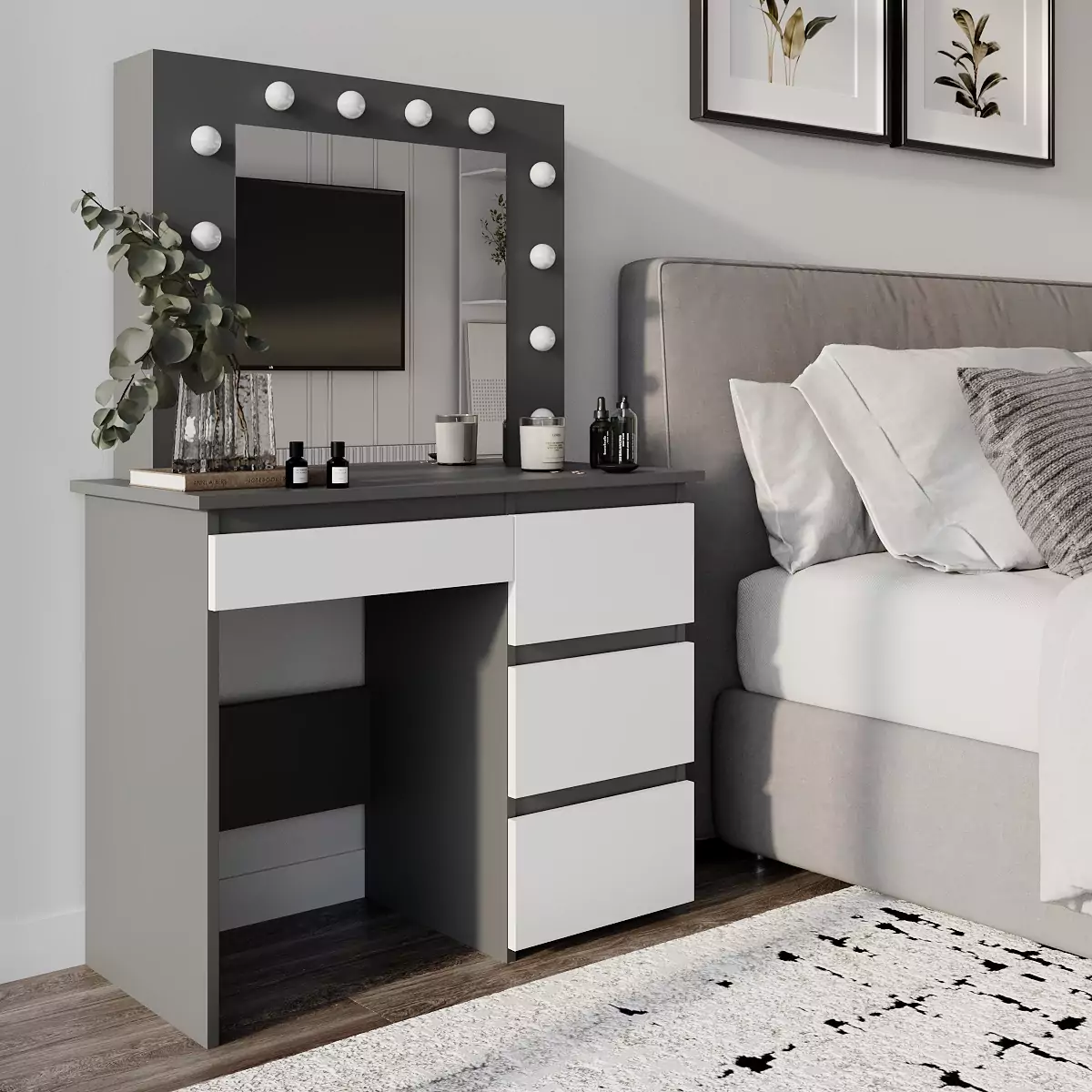 Beauty dressing table with mirror and lights 94x140/75x43 cm – Graphite / White Diamond