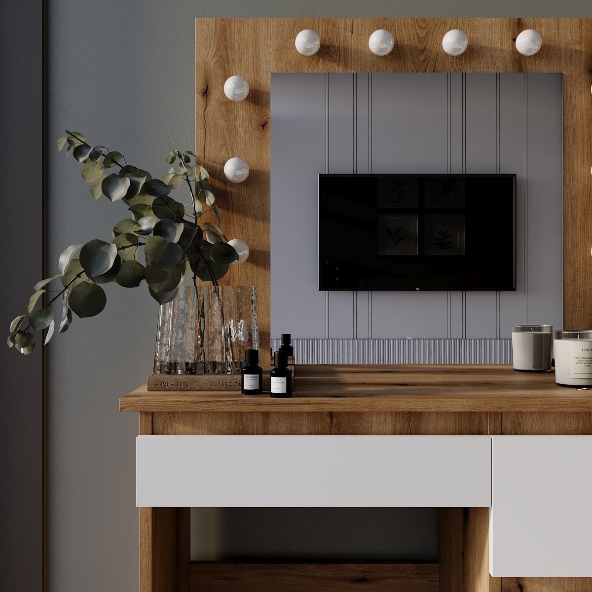 Beauty dressing table with mirror and lights 94x140/75x43 cm – Evoke Oak / White Diamond
