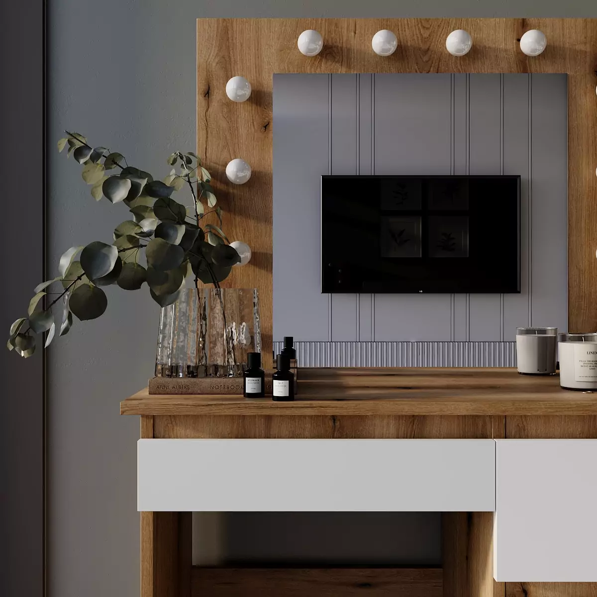 Столик для макіяжу з дзеркалом і підсвіткою Beauty 94x140/75x43 см – Дуб Евок / Білий діамант