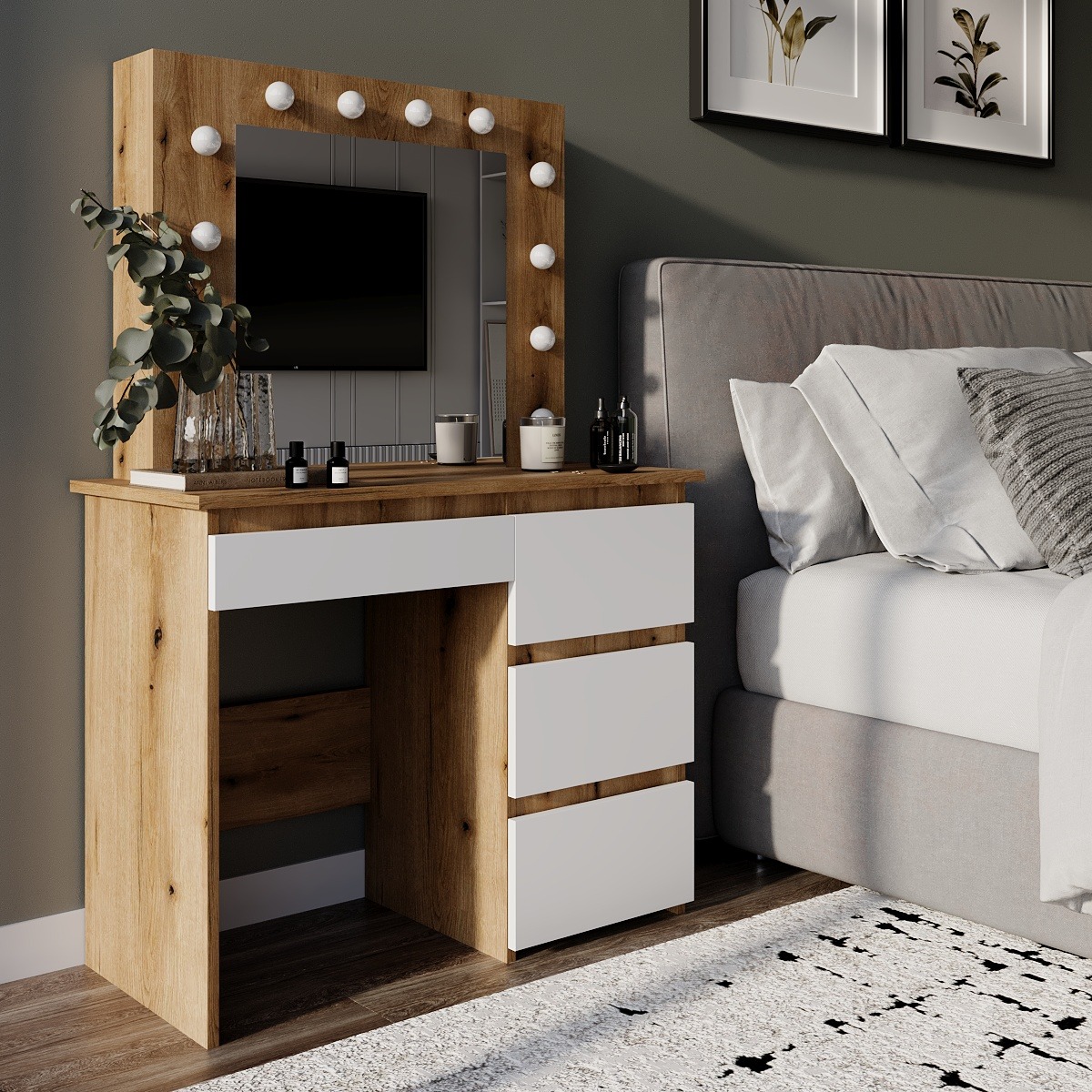 Beauty dressing table with mirror and lights 94x140/75x43 cm – Evoke Oak / White Diamond