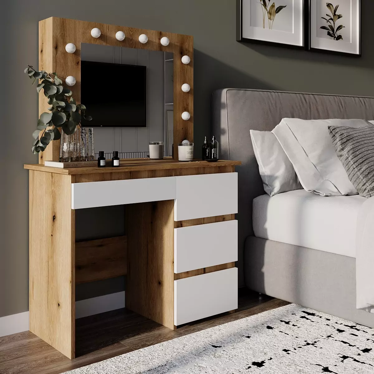 Столик для макіяжу з дзеркалом і підсвіткою Beauty 94x140/75x43 см – Дуб Евок / Білий діамант