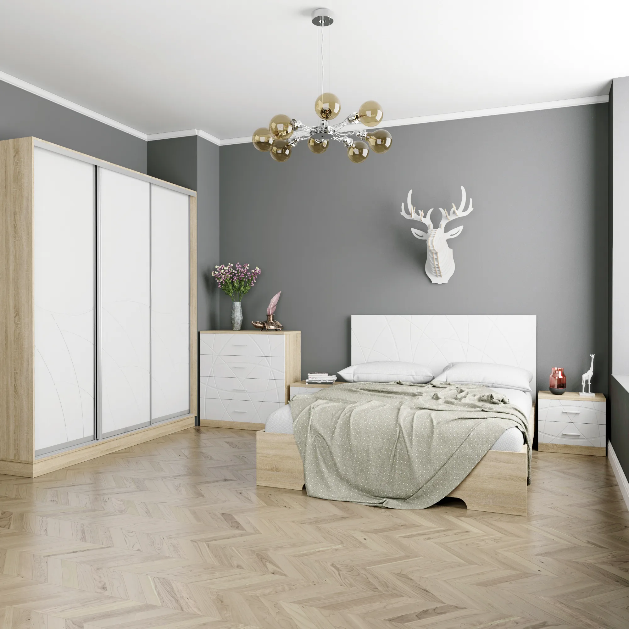 Кровать двуспальная деревянная с ламелями 160х200 Loretto – Дуб Сонома / Белый бриллиант