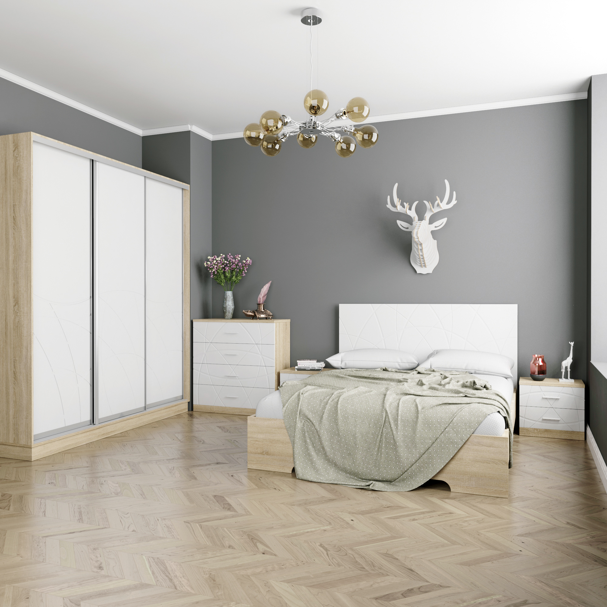 Шкаф купе в спальню 3 двери 2100х2400х600 Loretto – Дуб Сонома / Белый бриллиант