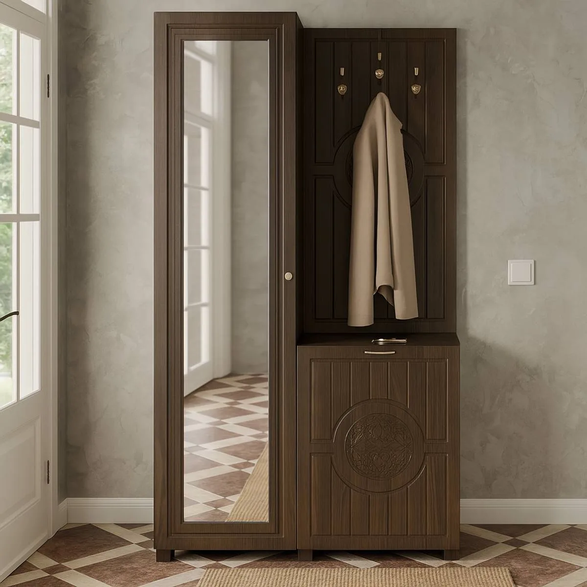 Купить шкаф в прихожую с зеркалом и обувницей в классическом стиле Bourbon – Дуб Табак по 6232 грн Шкаф в прихожую с зеркалом и обувницей в классическом стиле Bourbon – Дуб Табак