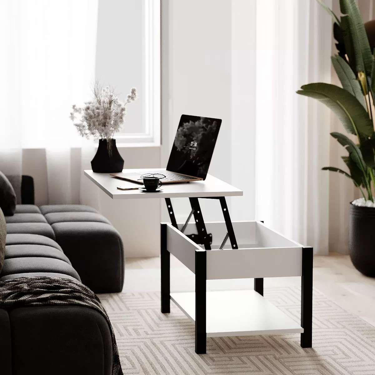 Desk 2.0 lift top coffee table with storage 94x45(68)x54 cm – White Diamond