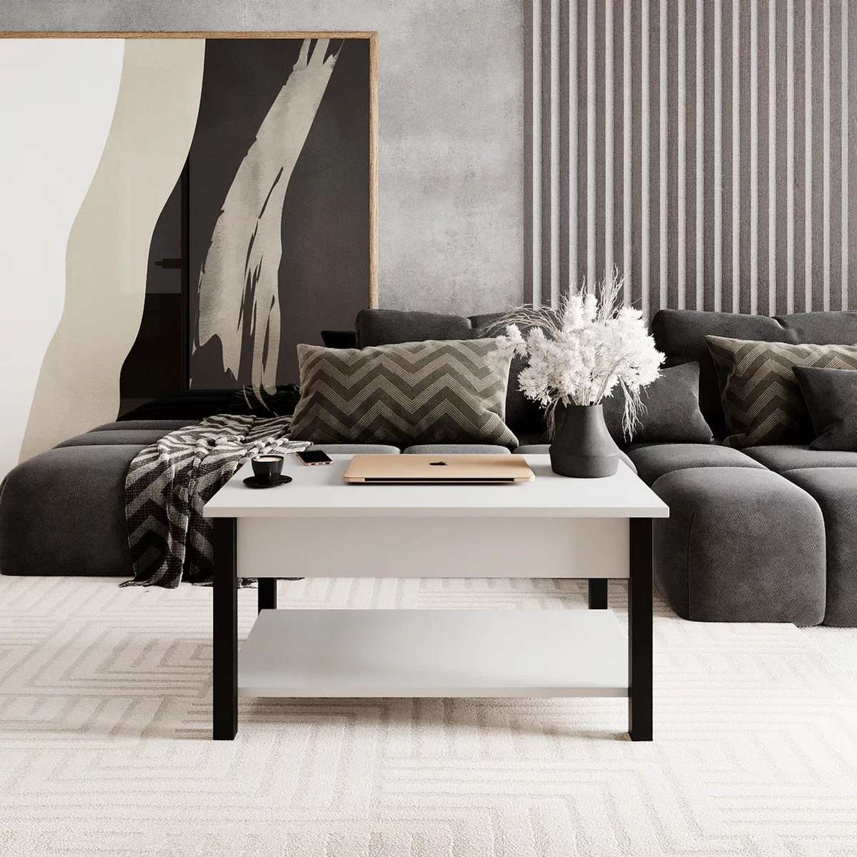 Desk 2.0 lift top coffee table with storage 94x45(68)x54 cm – White Diamond