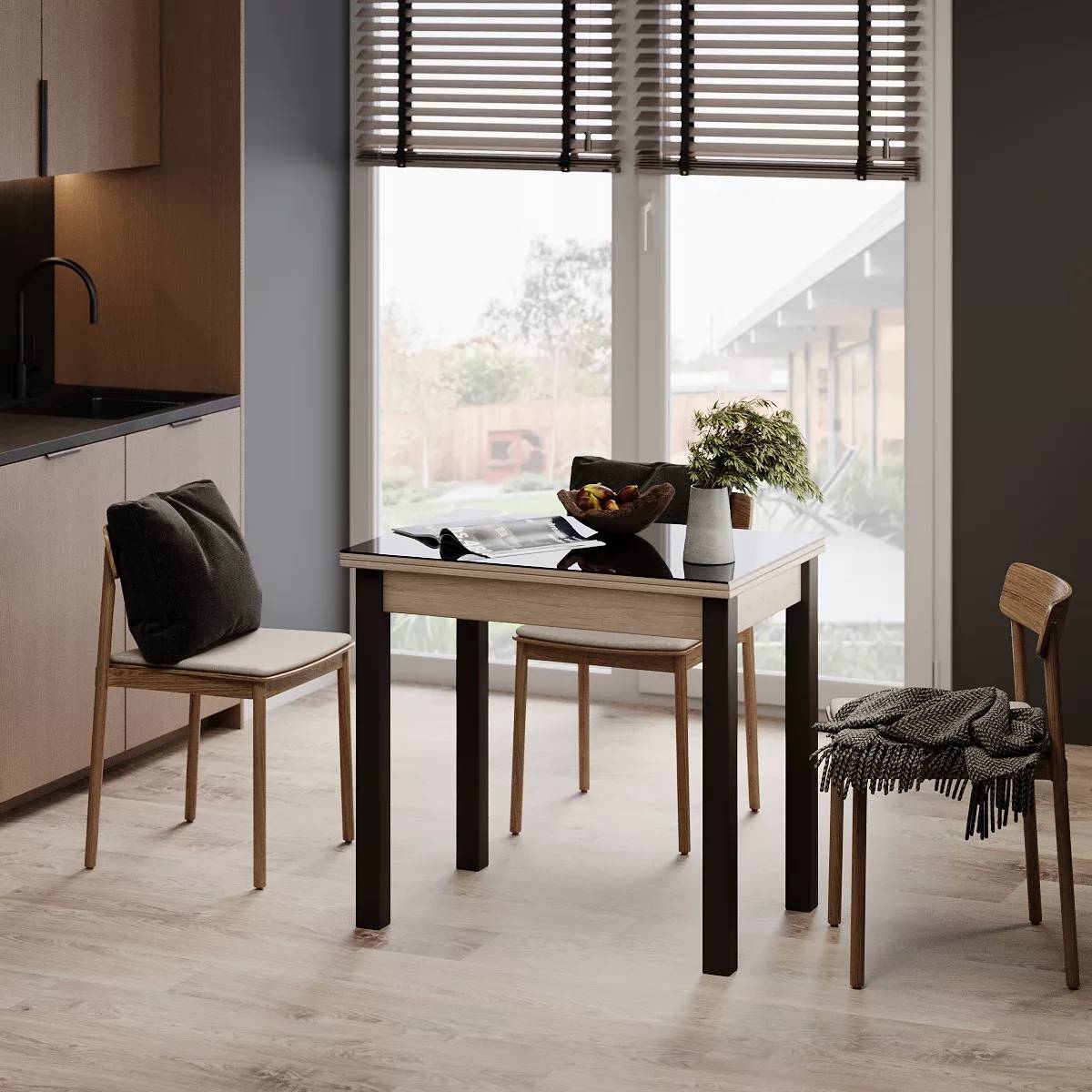 Dinner Glass folding dining table 90(120)x75x60(90) cm – Hickory Rockford Light / Wenge / Graphite