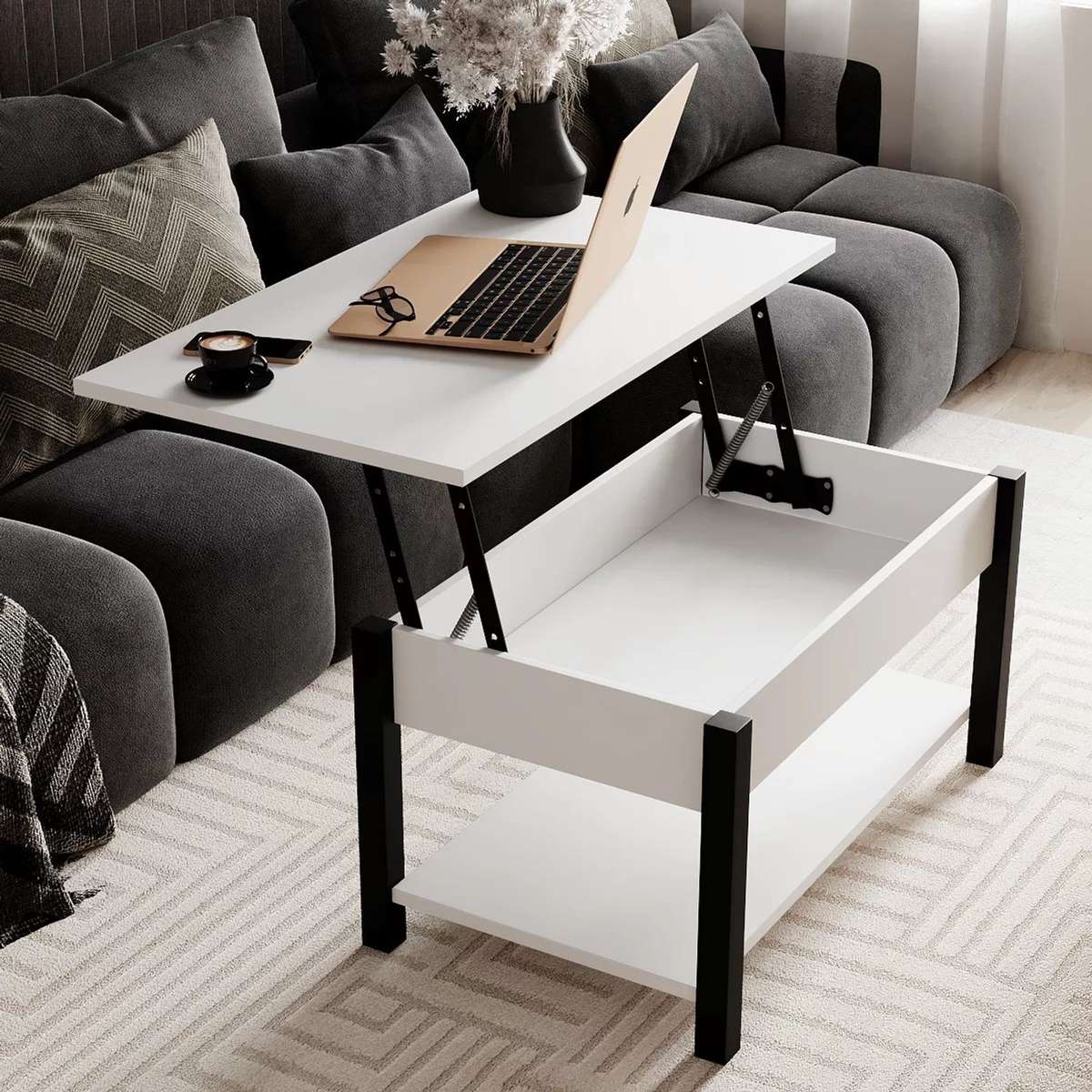 Desk 2.0 lift top coffee table with storage 94x45(68)x54 cm – White Diamond