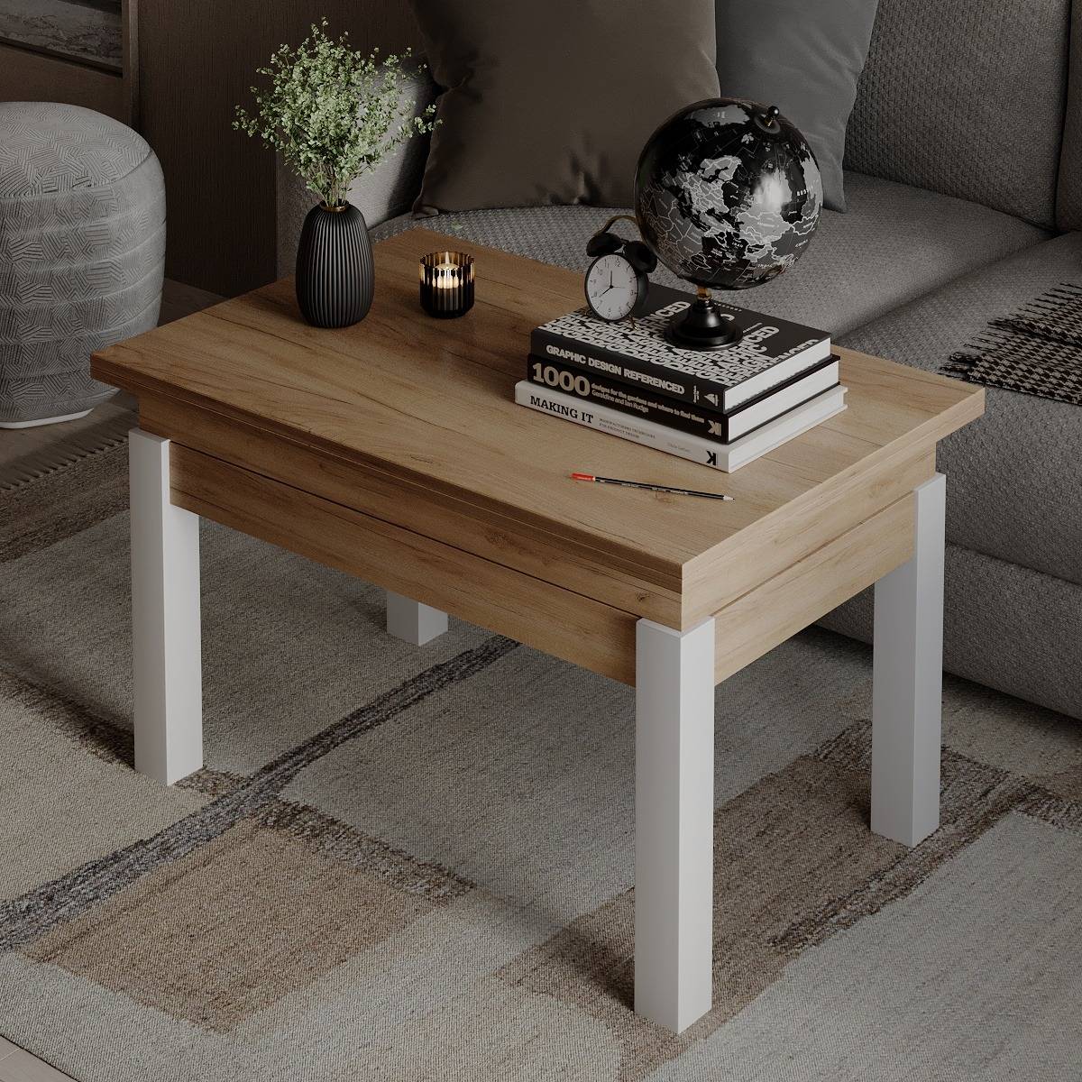 B-Fly coffee table to dining table 120x75x90 cm – Craft Gold Oak / White Diamond