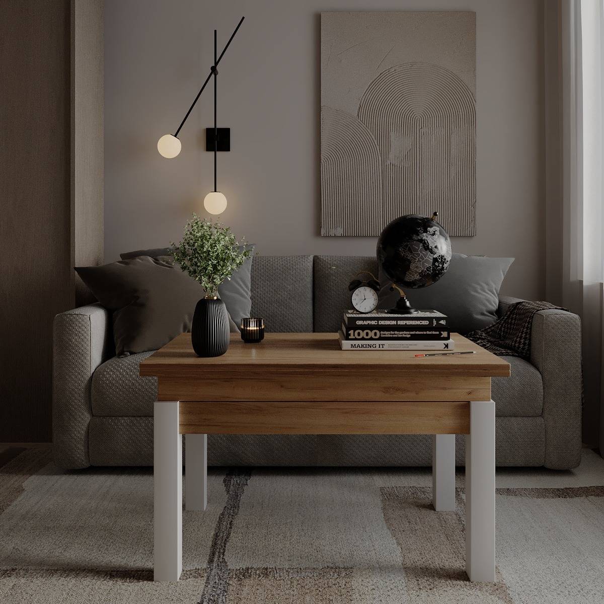 B-Fly coffee table to dining table 120x75x90 cm – Craft Gold Oak / White Diamond