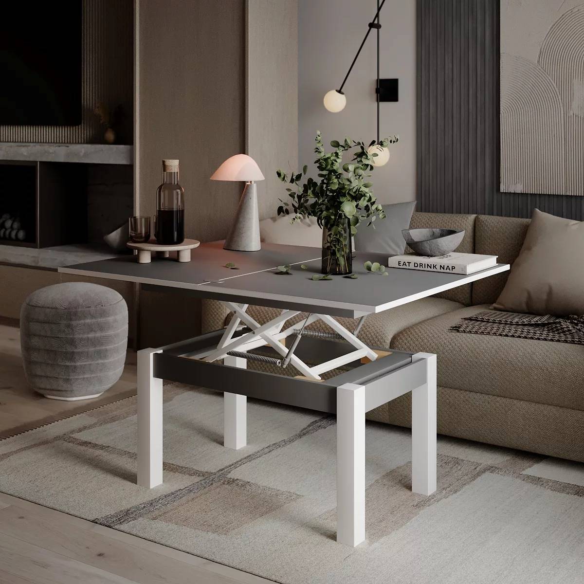 B-Fly coffee table to dining table 120x75x90 cm – Graphite / White Diamond