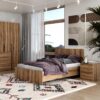 Light 3-piece bedroom set: European double bed frame and 2 bedside tables – Evoke Oak