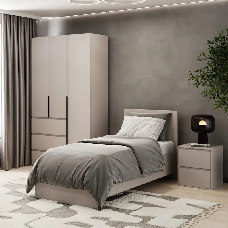 Light modular bedroom: European single bed frame and bedside table – Cashmere
