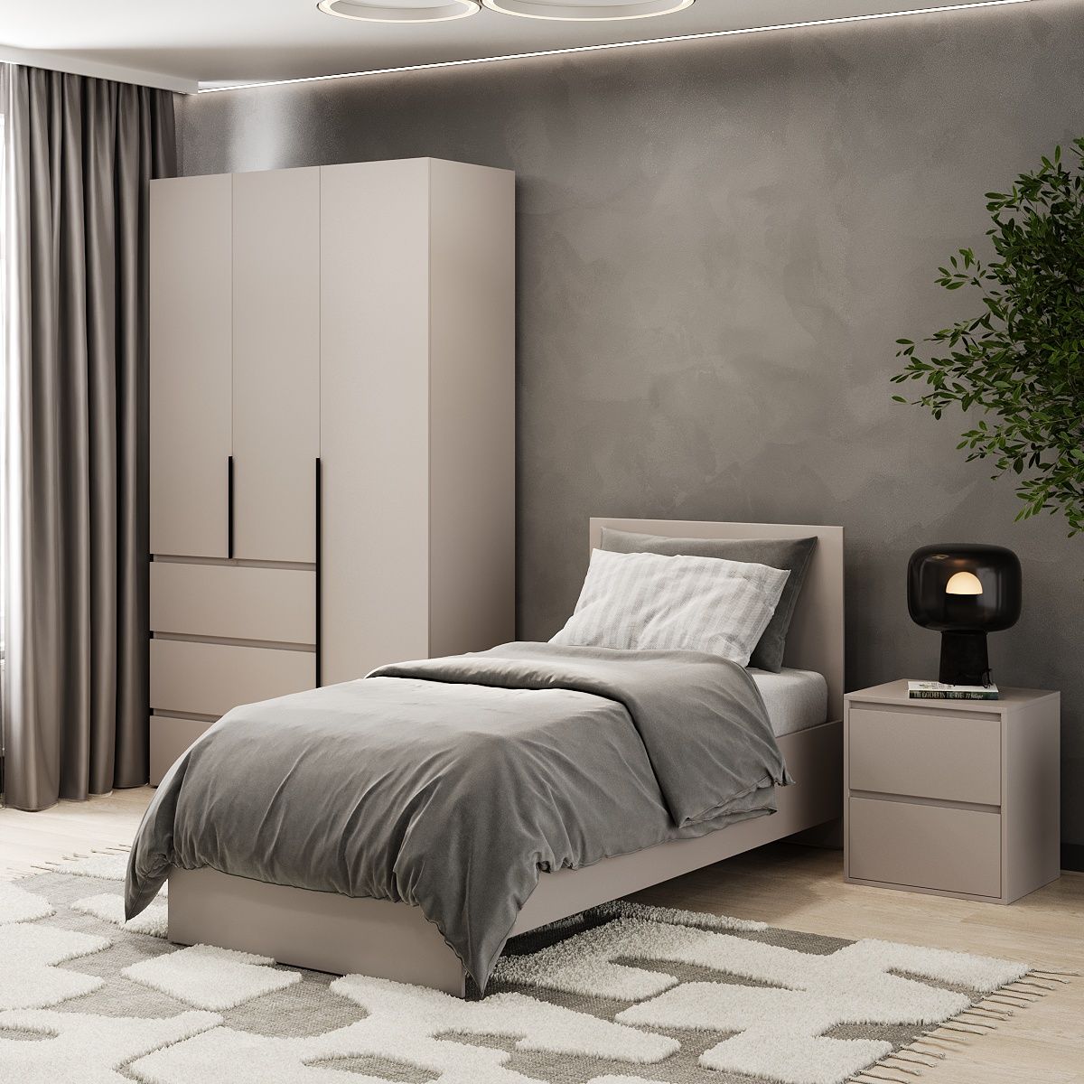 Light modular bedroom: European single bed frame and bedside table – Cashmere