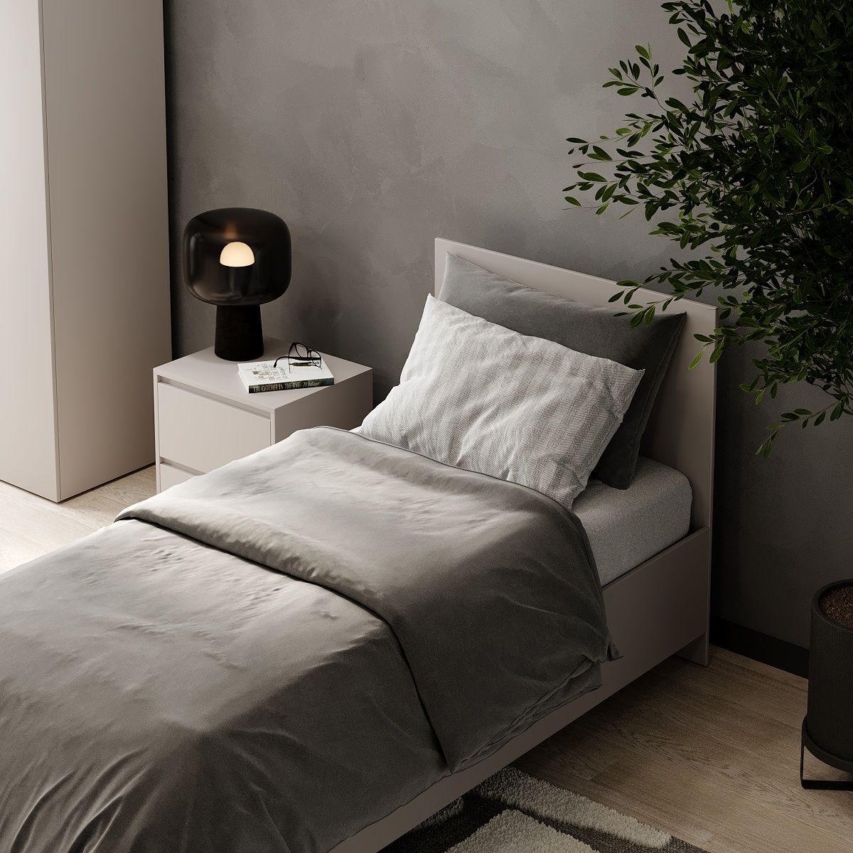 Light modular bedroom: European single bed frame and bedside table – Cashmere
