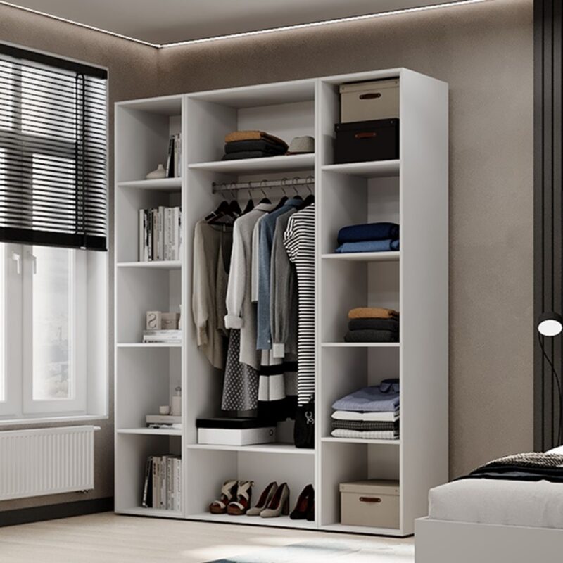Light №16 3-door hinged wardrobe with open shelving unit 160x220x50 cm – White Diamond