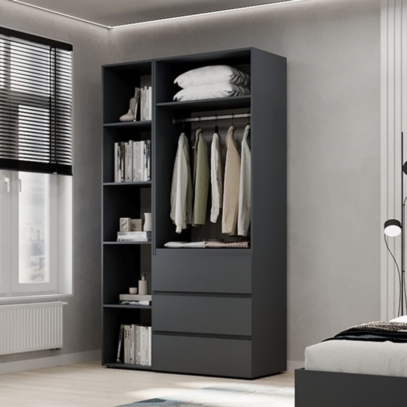 Light №7 Combined Wardrobe with Open Shelves and 3 Drawers 120x220x50 cm – Graphite