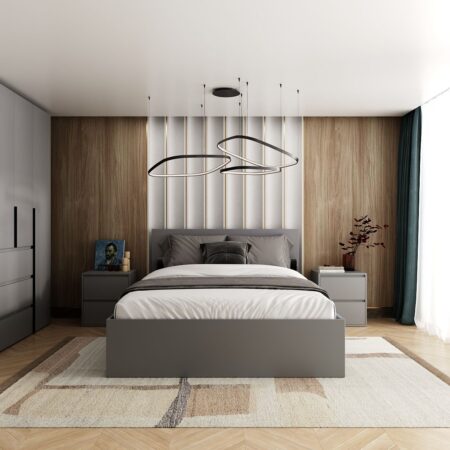 Light bedroom range: European king size bed frame bed and 2 bedside tables – Graphite