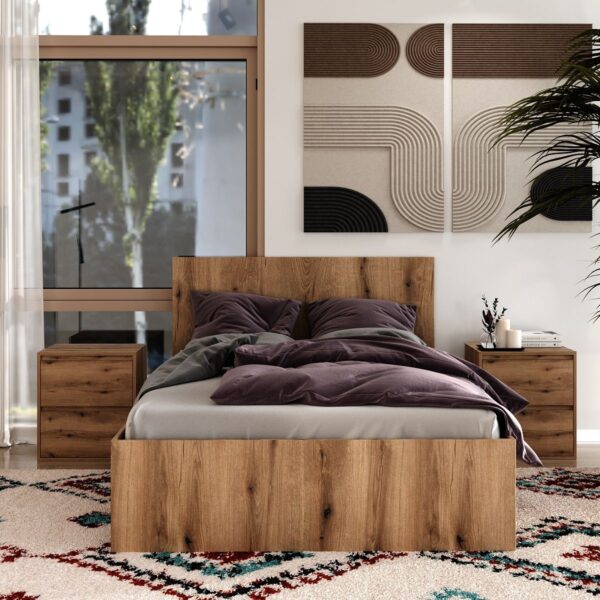 Light 3-piece bedroom set: European double bed frame and 2 bedside tables – Evoke Oak