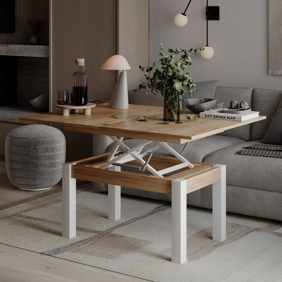 B-Fly coffee table to dining table 120x75x90 cm – Craft Gold Oak / White Diamond