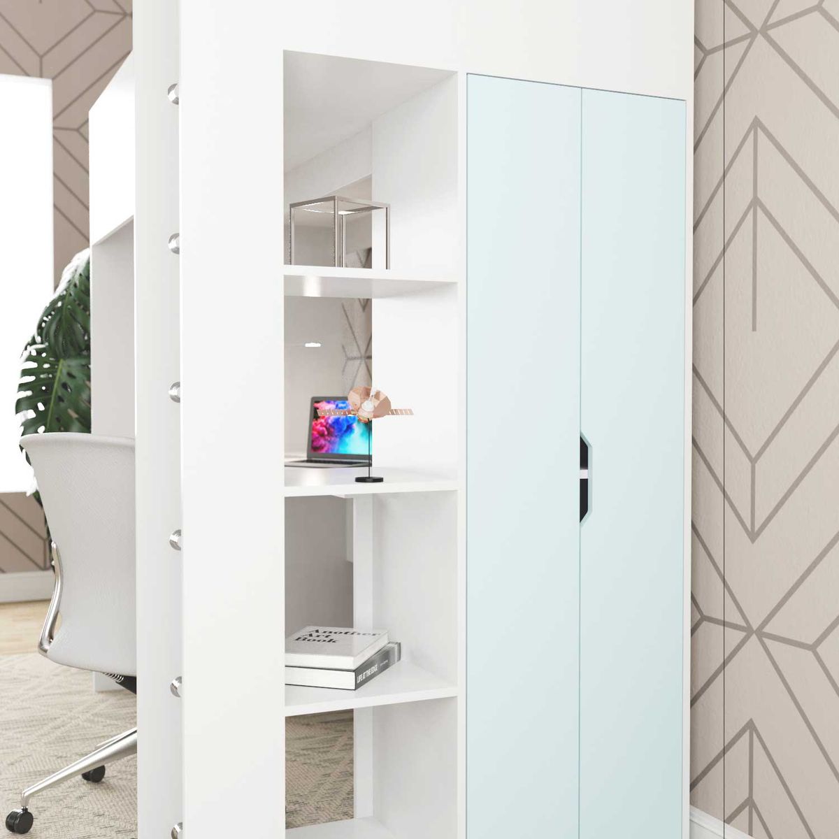 Детская кровать чердак Binky ДЮС33 193x182x100 см – Белый бриллиант / Голубая лагуна