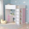 Детская кровать чердак Binky ДЮС33 193x182x100 см – Белый бриллиант / Розовый