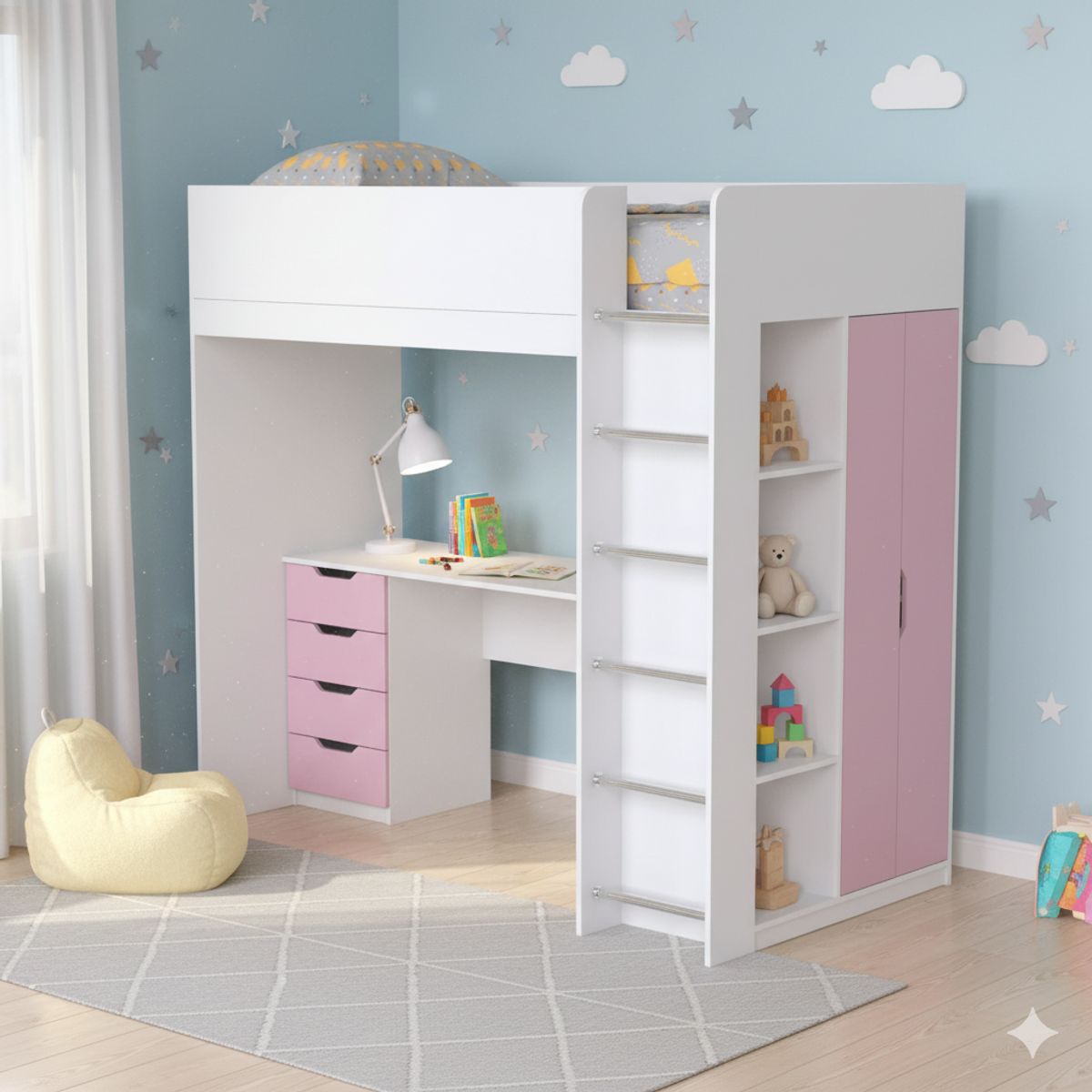 Детская кровать чердак Binky ДЮС33 193x182x100 см – Белый бриллиант / Розовый