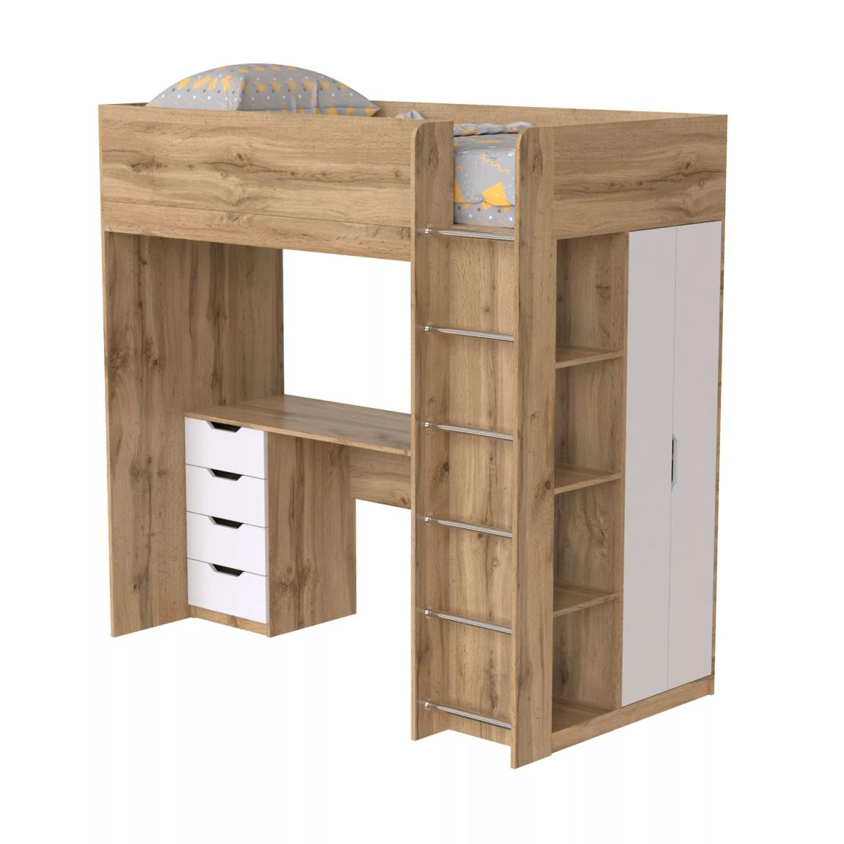 Детская кровать чердак Binky ДЮС33 193x182x100 см – Дуб Крафт золотой / Белый супермат