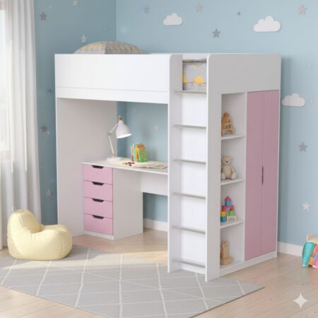 Детская кровать чердак Binky ДЮС33 193x182x100 см – Белый бриллиант / Розовый