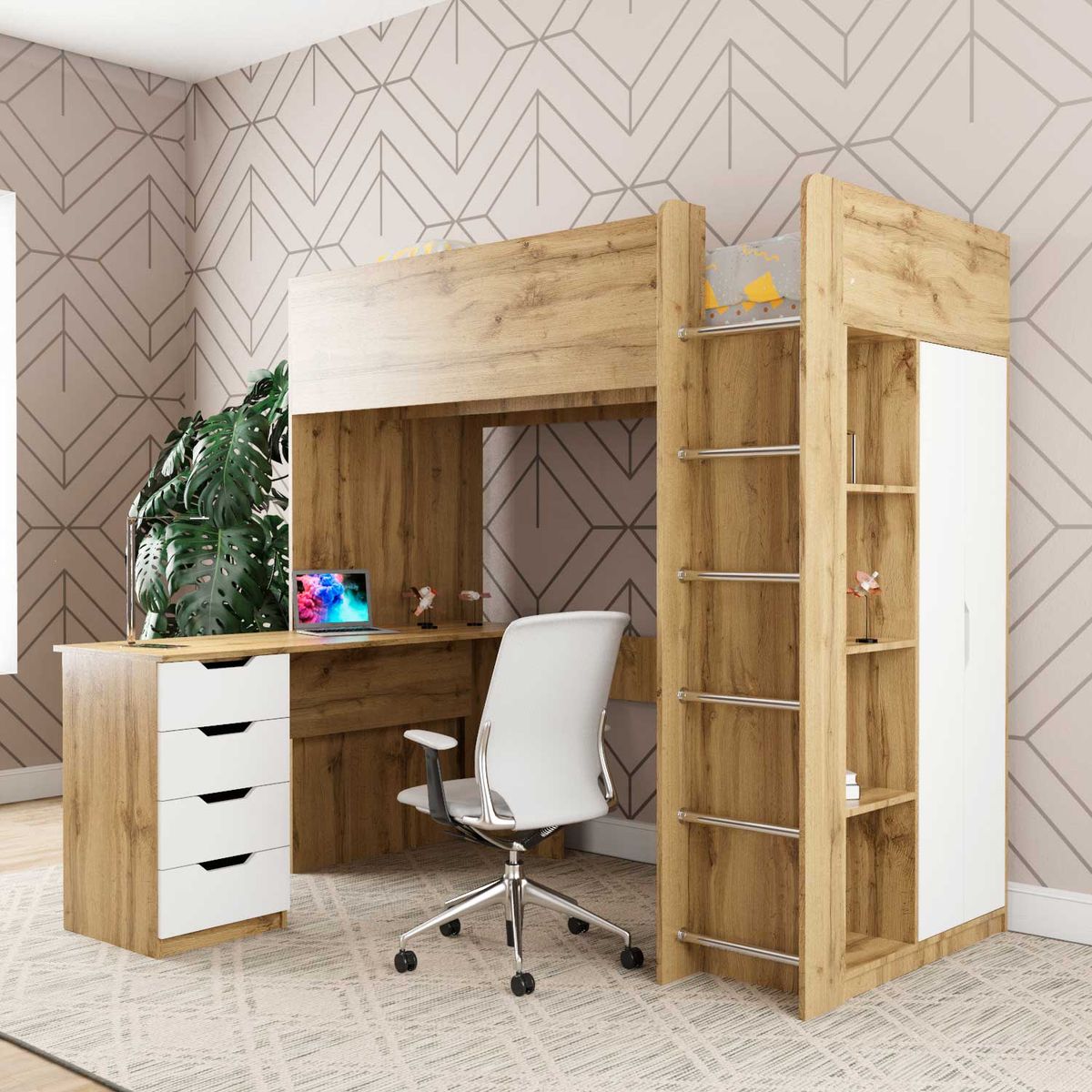 Дитяче ліжко горище Binky ДЮС33 193x182x100 см – Дуб Крафт золотий / Білий супермат