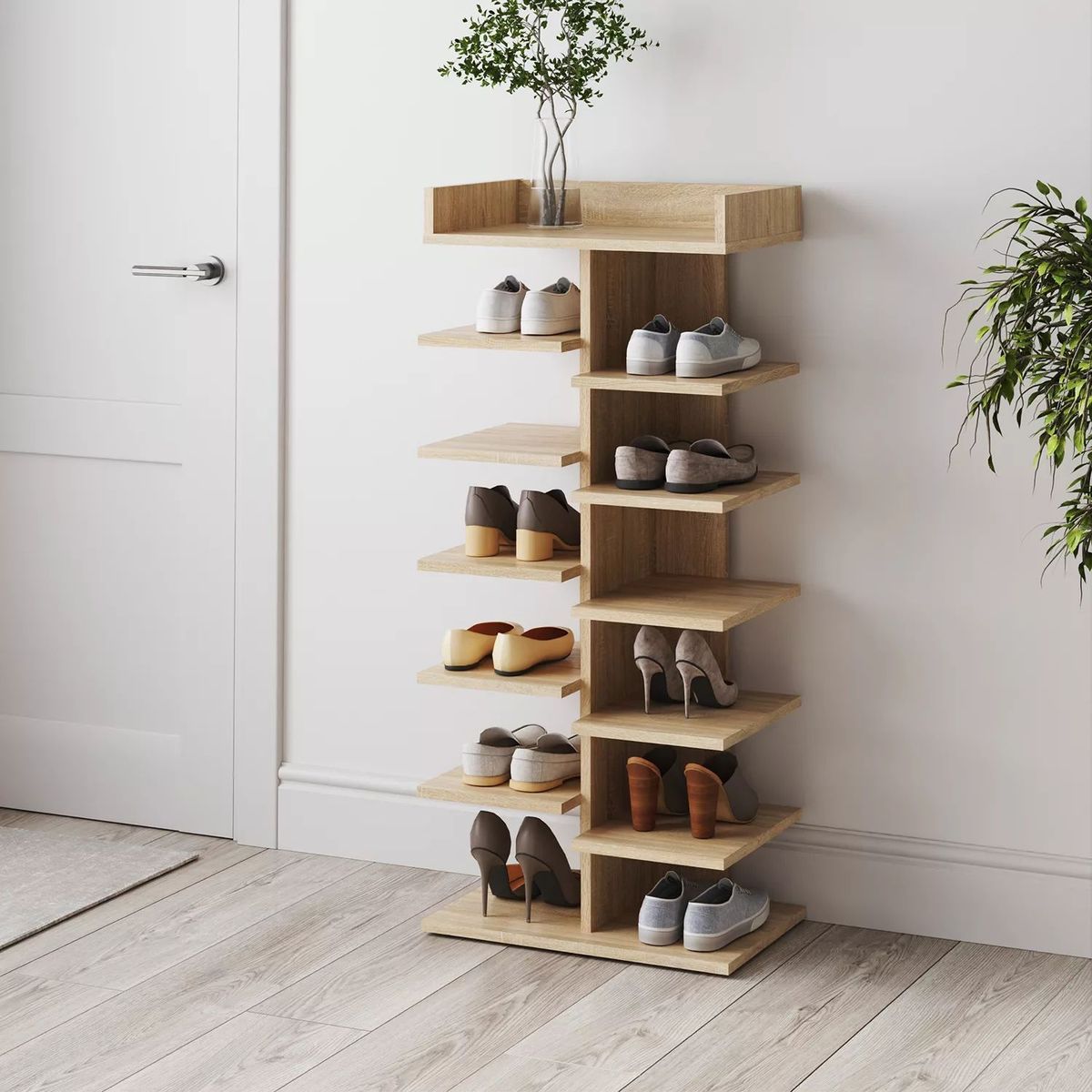 Light high narrow wooden shoe rack 50x111.7x31.7 cm – Sonoma Oak