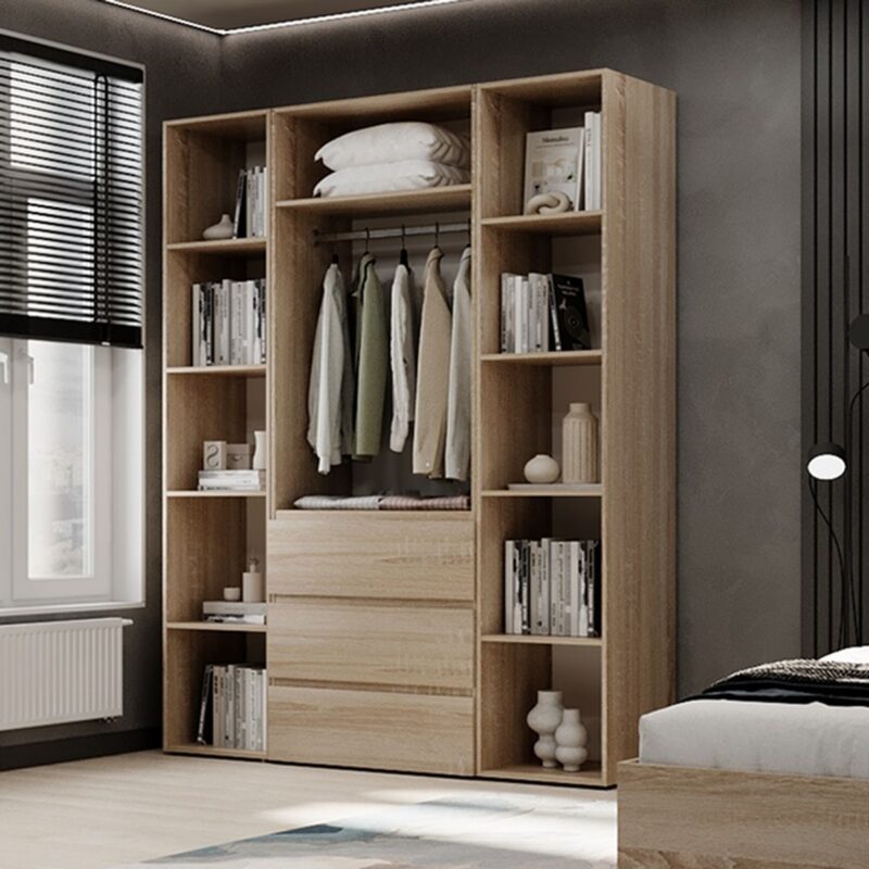 Light №9 wardrobe with open shelving units and drawers 160x220x50 cm – Sonoma Oak