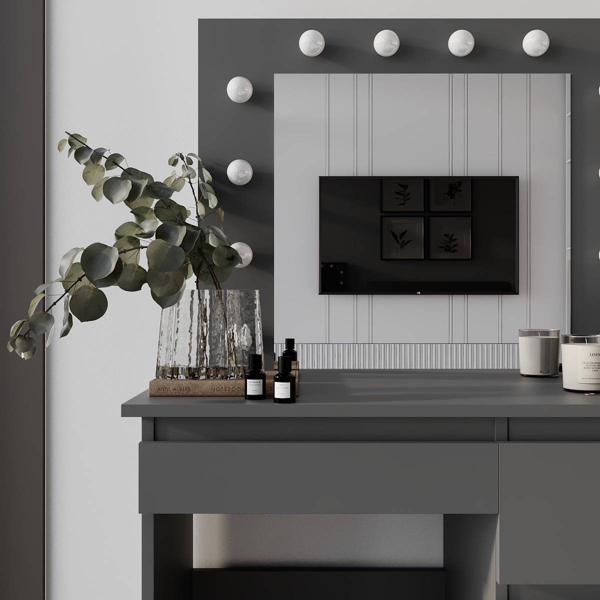 Beauty dressing table with mirror and lights 94x140/75x43 cm – Graphite