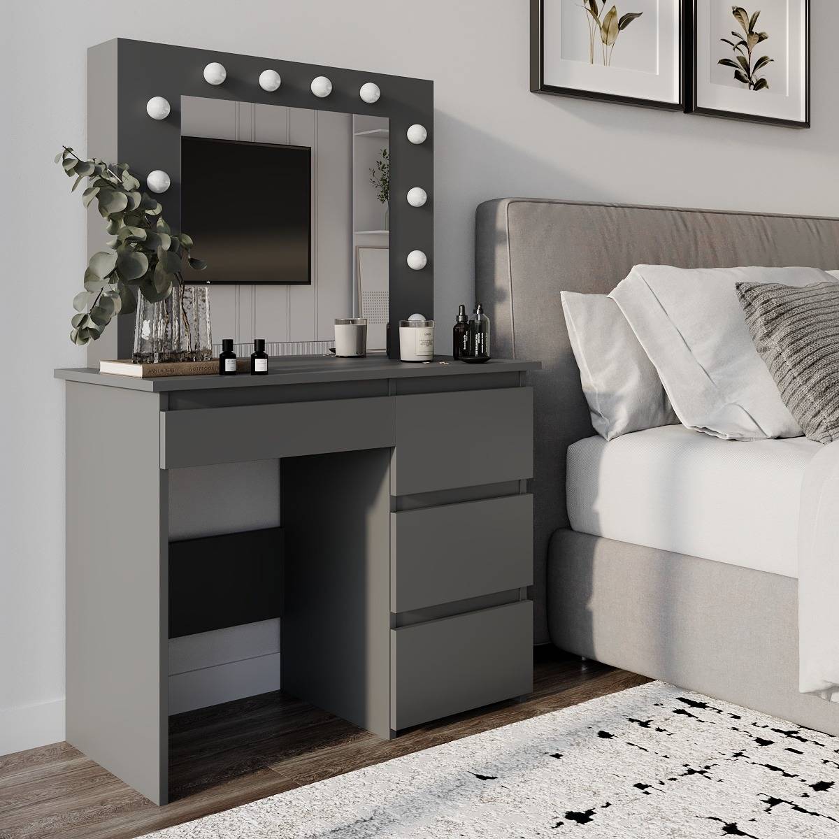 Beauty dressing table with mirror and lights 94x140/75x43 cm – Graphite