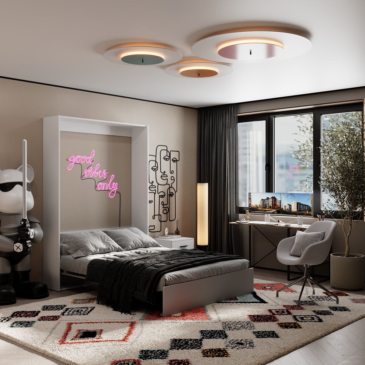 Mitra Pull Down Murphy Bed 160*200 Vertical – Nymphaea Alba / Ash