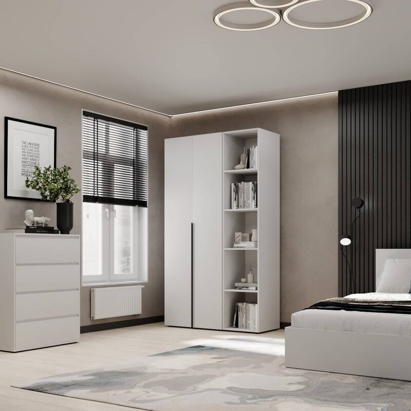 Light №11 hinged two-door wardrobe with open shelving unit 120x220x50 cm – White Diamond