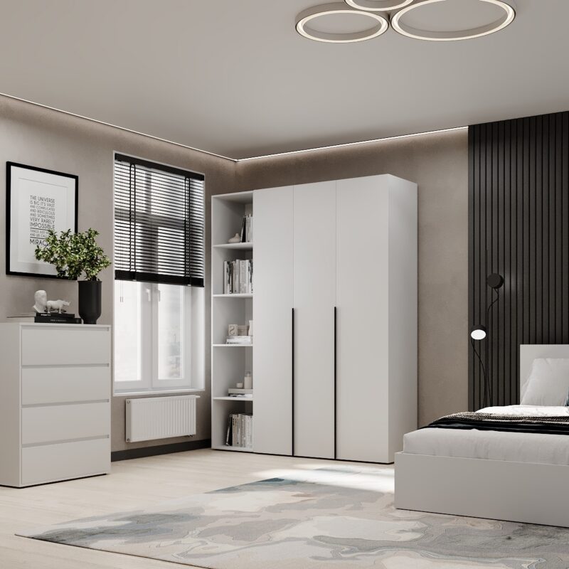 Light №16 3-door hinged wardrobe with open shelving unit 160x220x50 cm – White Diamond