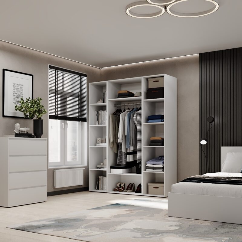 Light №16 3-door hinged wardrobe with open shelving unit 160x220x50 cm – White Diamond