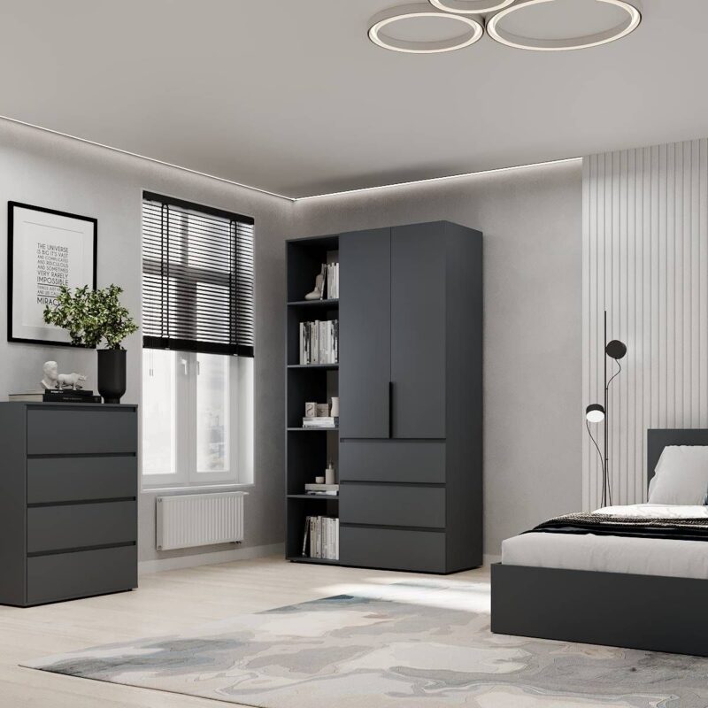 Light №7 Combined Wardrobe with Open Shelves and 3 Drawers 120x220x50 cm – Graphite