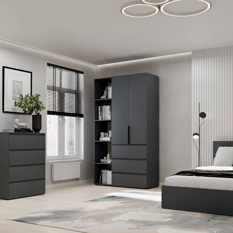 Light №7 Combined Wardrobe with Open Shelves and 3 Drawers 120x220x50 cm – Graphite