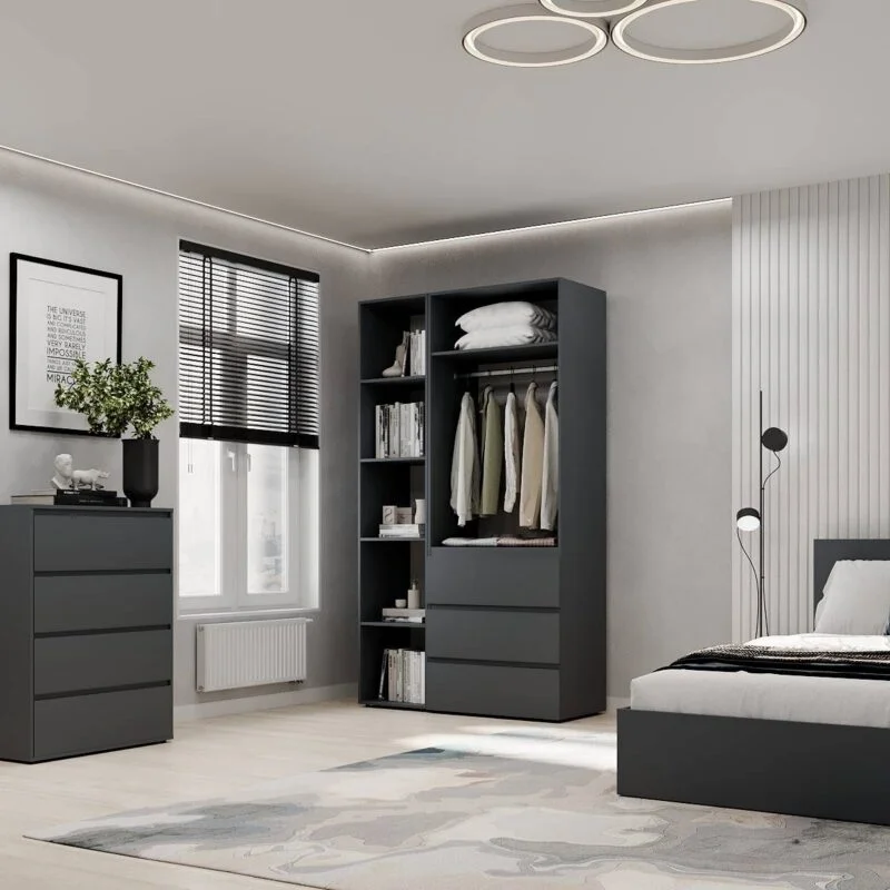 Light №7 Combined Wardrobe with Open Shelves and 3 Drawers 120x220x50 cm – Graphite