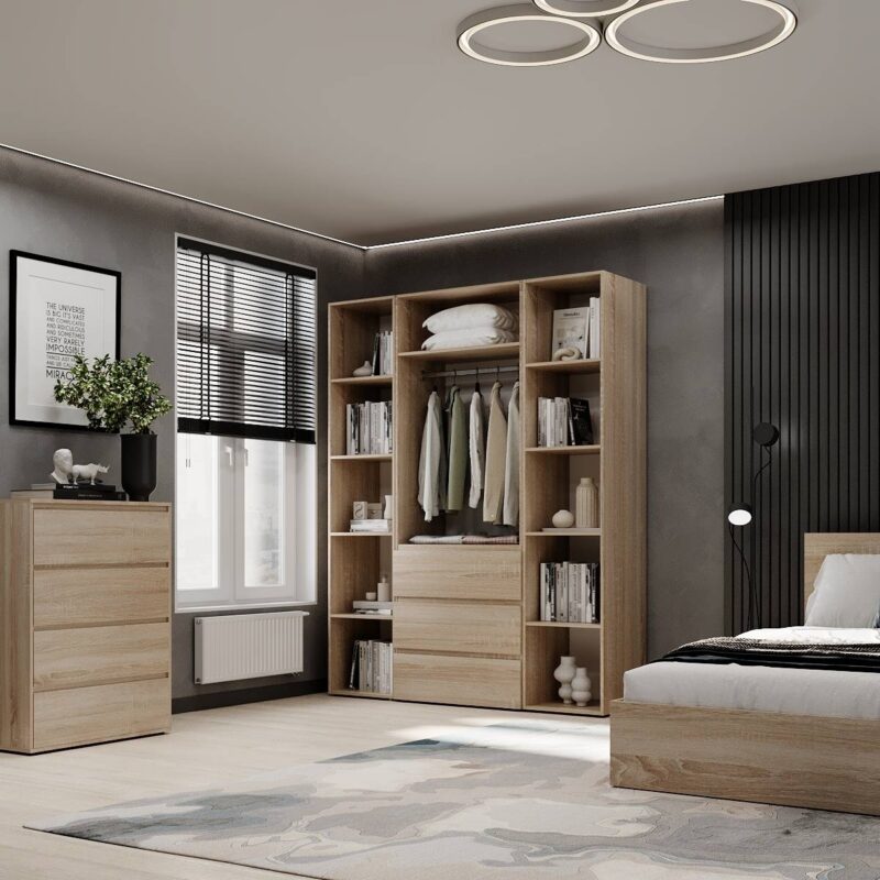Light №9 wardrobe with open shelving units and drawers 160x220x50 cm – Sonoma Oak