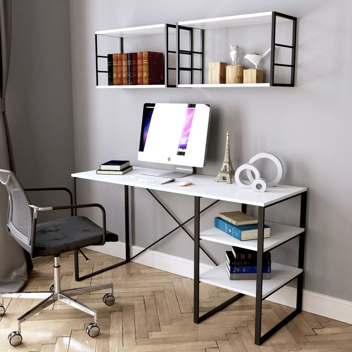 Комп'ютерний стіл в стилі лофт Asсet 140x73x50 см – Білий діамант