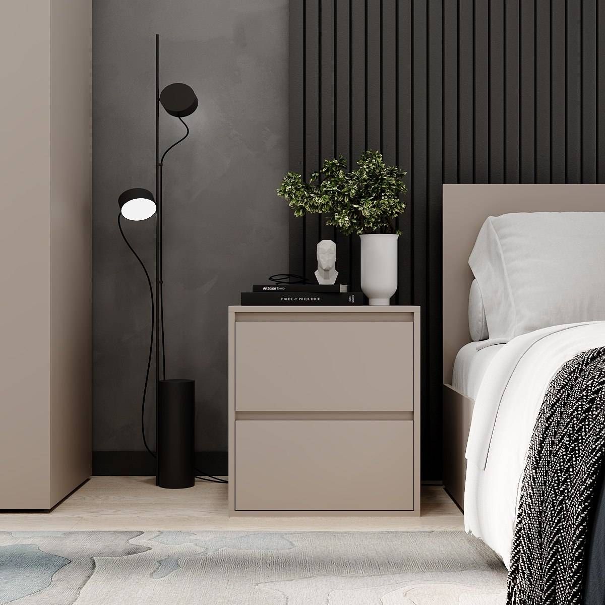 Light modular bedroom: European single bed frame and bedside table – Cashmere